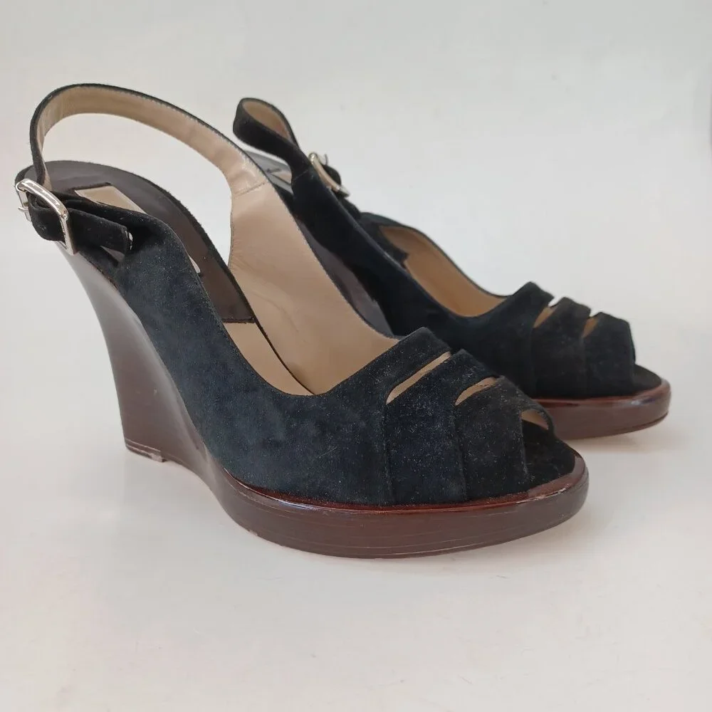 Michael Kors Black Suede Wedge Womens US 7.5 M Heels Retro Look Made‎ In Italy
